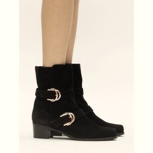 Stuart Weitzman Britain Black Suede Booties Stack Heel Double Buckle Square Toe